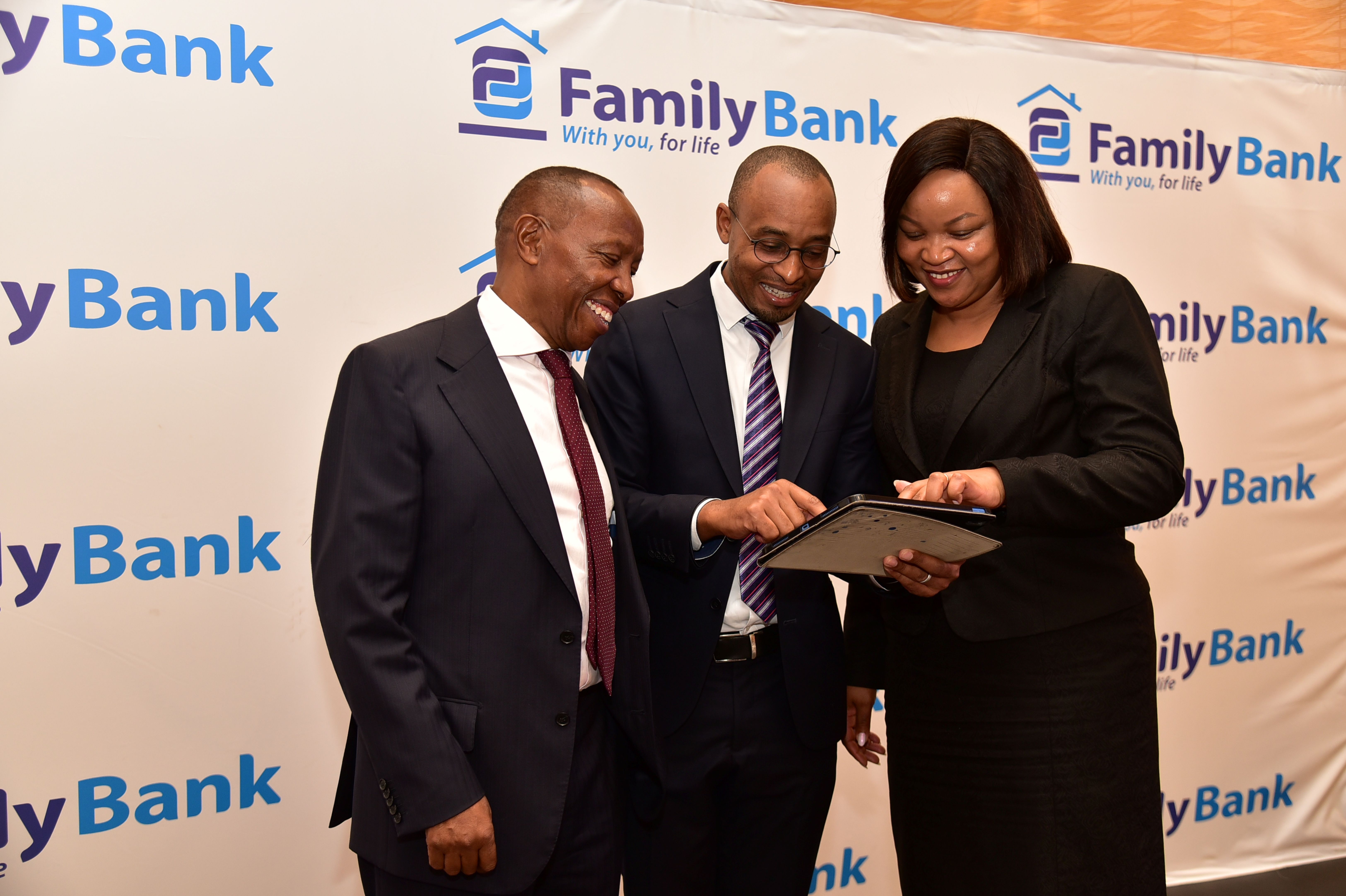 Family Bank Chair Lazarus Muema, CFO Paul Ngaragari and CEO Nancy Njau during the release of the 2025 full-year results